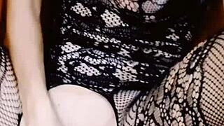 a stunning milf strips teasingly masturbates then rides huge cock in tight holes