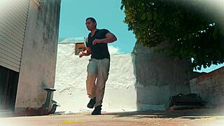 Salsa dancer strips naked outdoors, muscular bodybuilder shakes ass close-up