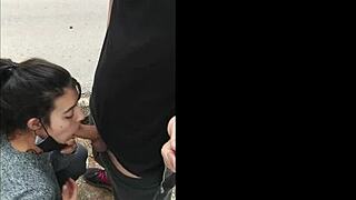 dude this hot brunette gives sloppy outdoor public blowjob pov right? 😏