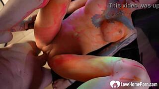 Body Paint Turns Into Nerdy Tattooed Babe's Deep Pussy Penetration!