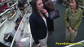 backroom customer spreads legs takes cock deep in hairy milf pussy for cash