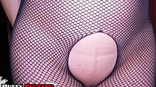 fishnet japanese milf oiled handjob rubs cock on puffy pussy lips