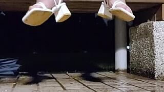 ting xuan jerks barefoot in heels cums on feet outdoor