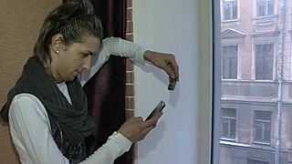 man just sits staring while couple bangs for cash