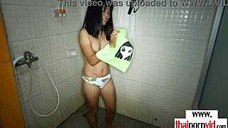 Petite Asian teen Noey showers then fucks hard white cock