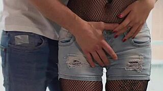 Hot asian milf in fishnet bodysuit moans as pussy licked doggystyle