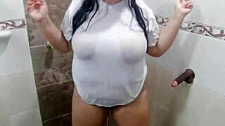 playing in bathroom with stepbro's shirt while fingering my wet pussy screaming!