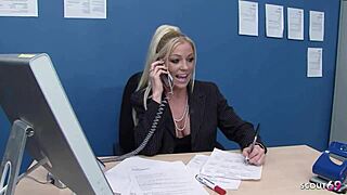 blonde boss in lingerie tempts coworker for office quickie