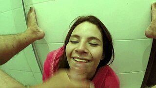 This bathroom newbie sneaks blowjob on huge cock hidden