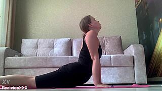 Blonde starts morning yoga then rides vibrator on shaved pussy