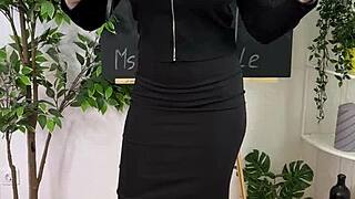 Curvy teacher in stockings teases with whip play