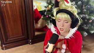 Petite blonde college student in Cindy Lou Christmas cosplay uniform taboo tease